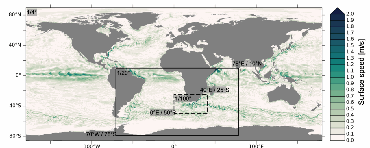 Sea surface speed in eINALT100configuration with boundaries of different nests shown